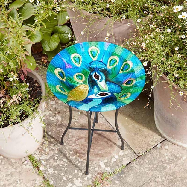 Image de Bain d'oiseaux en verre Paon