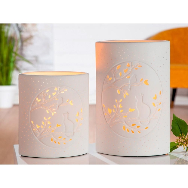 Image de Lampe Porcelaine chat avec oiseau S - GILDE