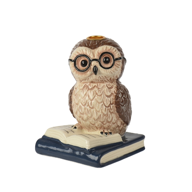 Image de Bougeoir porcelaine chouette glacis brun/coul H10,8