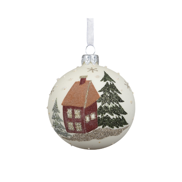Image de Boule verre mat maison a/sapins bl laine D8