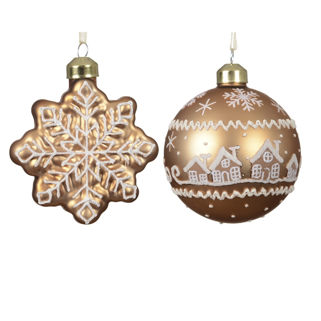 Image de Boules verre mat a/maison, flocon caramel/brun D8