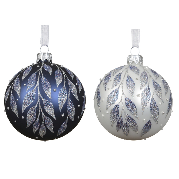Image de Boule verre mat paillettes feuilles 2col D8