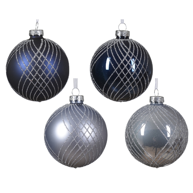 Image de Boule verre brillant - mat a/croisillons paillettes argent 4col D8