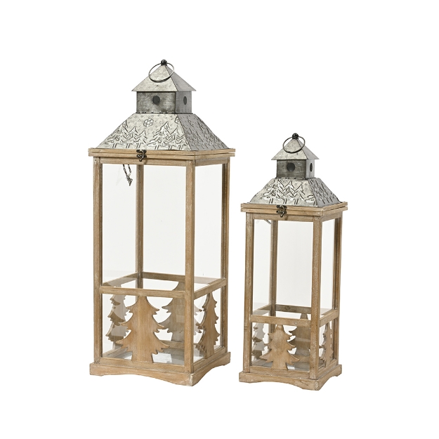 Image de Lanterne bois carre blanchi toit metal S/2