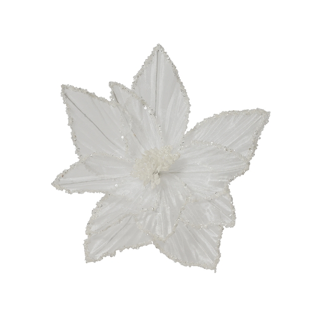 Image de Poinsettia s/clip organdi centre paillettes a/bord sequins blanc