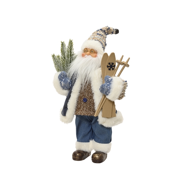 Image de Père Noël branche a/neige et skis/lunettes or/flocon bleu H30
