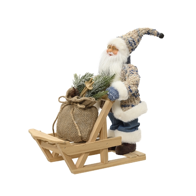Image de Pere noel  tissu pol S/traineau bois, branche enneigee, ski bleu H32