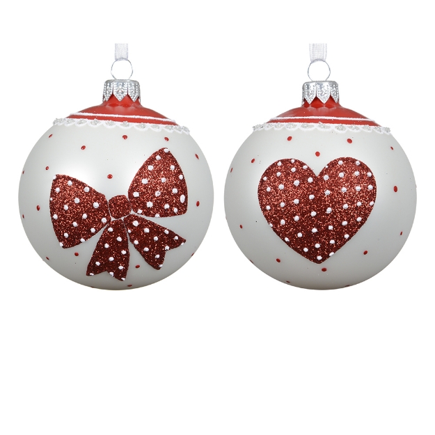Image de Boule verre mat paillettes rouge et blanc nœud/cœur D8