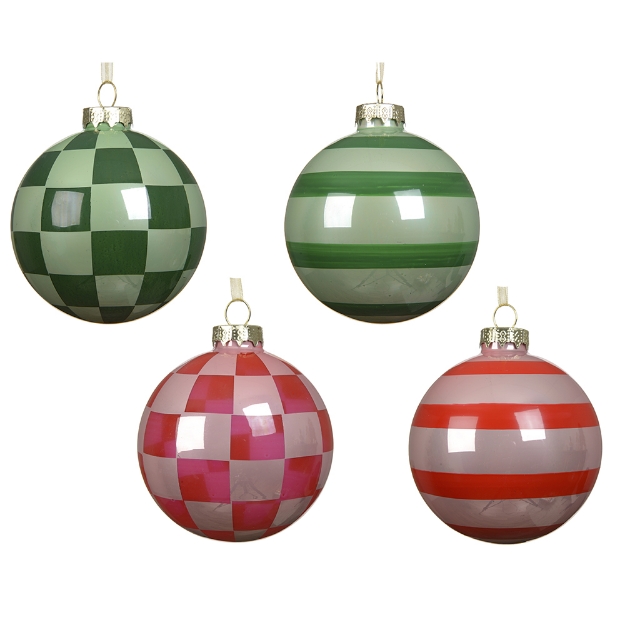 Image de Boules verre brillant lignes/carreaux vert/rge D8