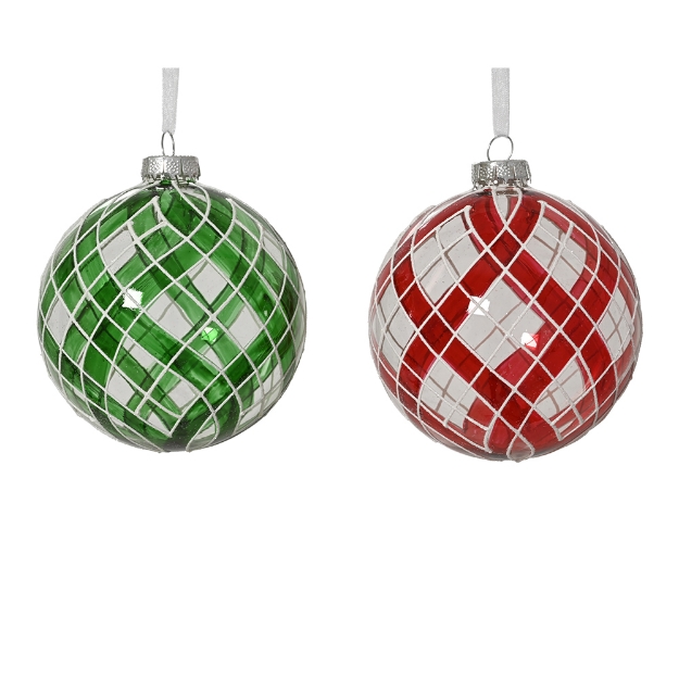 Image de Boules verre transparent a/volutes 2col tartan rge/vert D10