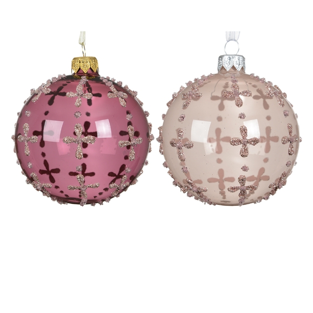 Image de Boule verre email/brillant fleurs/pois verticaux 2col D8