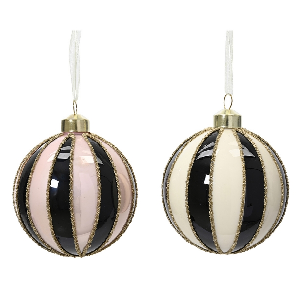 Image de Boules verre email a/lignes perles noir rose/blanc D8