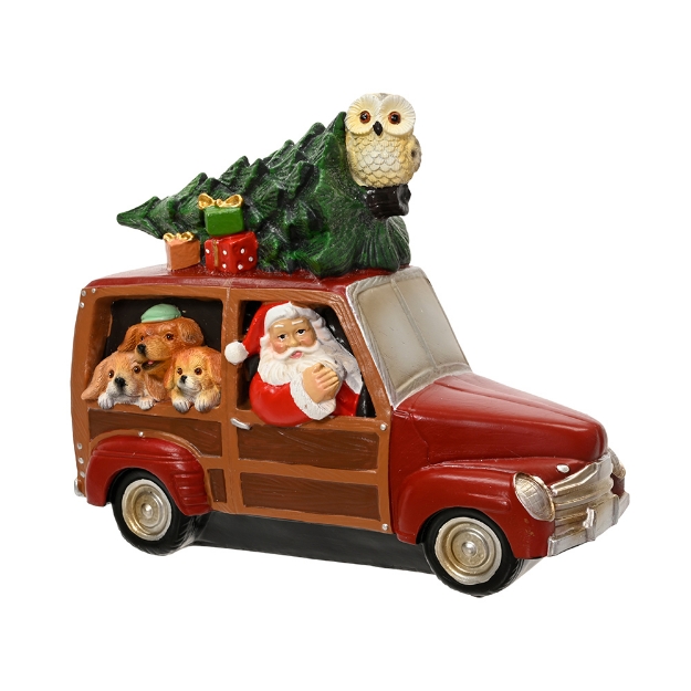 Image de Voiture de Noël avec Père Noël, chiens et sapin - 24 cm