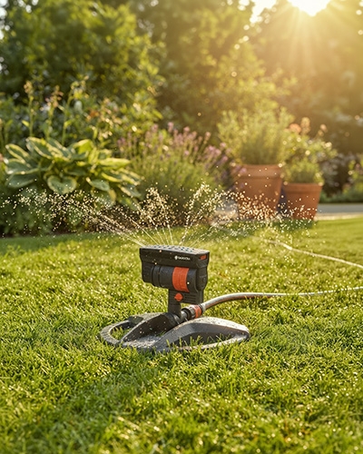 Arroseur oscillant Gardena arrosant une pelouse verte au soleil.