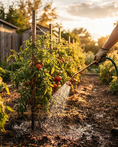 Arrosage de plants de tomates au coucher du soleil dans un jardin.