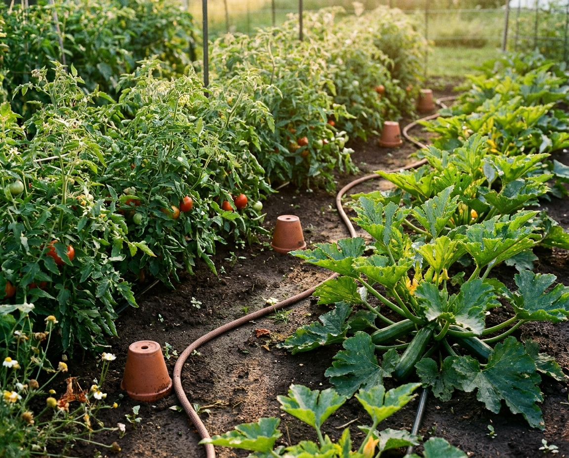 Potager d'été avec tomates, courgettes, tuyau poreux et pots en terre cuite (oyas) pour l'arrosage.