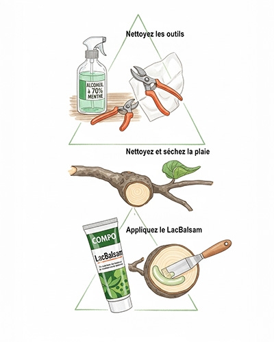 Illustration de la préparation et de l'application du COMPO LacBalsam après la taille des fruitiers.