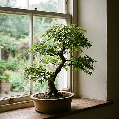 Bonsaï en pot posé sur un rebord de fenêtre lumineux, prêt pour le rempotage
