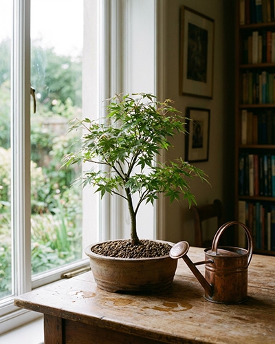 Bonsaï dans son pot après rempotage, placé à la lumière sans soleil direct