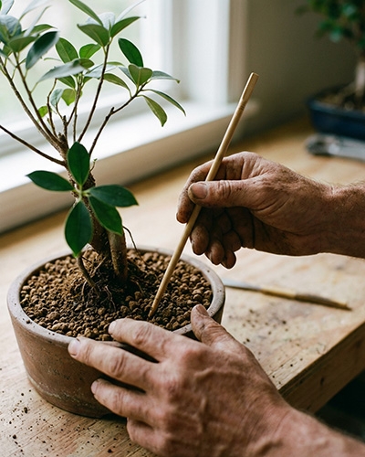 Tassez la terre du bonsaï avec une baguette en bambou lors du rempotage