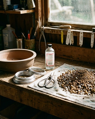 Matériel nécessaire pour le rempotage bonsaï comprenant un pot, des outils et de la terre