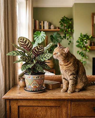 Chat tigré assis près d'une plante Calathea aux feuilles rayées, dans un pot décoré, sur un meuble en bois.