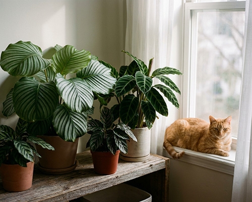 Des plantes Calathea aux feuilles graphiques et un chat roux près d'une fenêtre lumineuse.