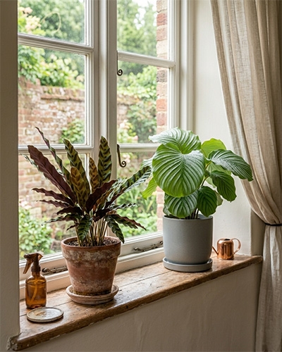 Deux plantes Calathea sur un rebord de fenêtre en bois, près d'une fenêtre donnant sur un jardin.