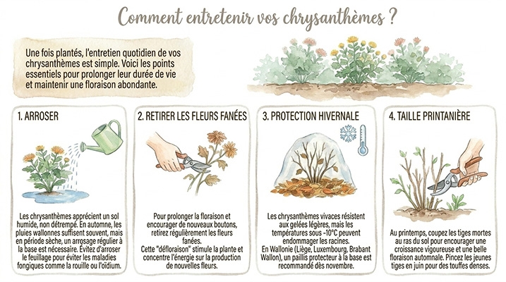 Infographie illustrant l'entretien des chrysanthèmes en quatre étapes : arrosage, retrait des fleurs fanées, protection et taille.