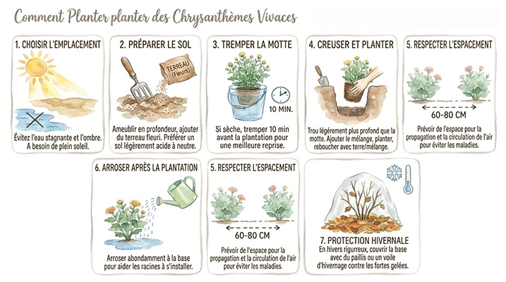 Infographie montrant les étapes pour planter des chrysanthèmes vivaces.