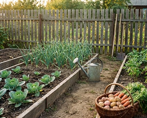 Potager rustique avec planches surélevées, arrosoir métallique, panier de récoltes de pommes de terre et légumes.
