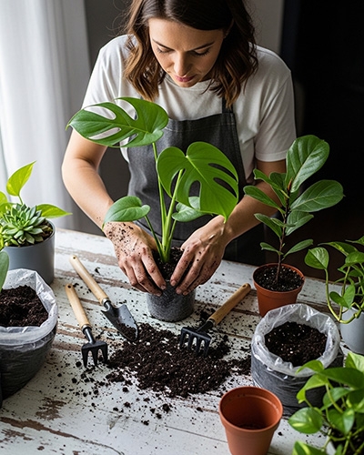 Illustration des étapes pour rempoter une plante verte en février, de l’arrosage au remplissage du pot.