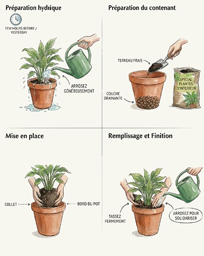 Illustration des étapes pour rempoter une plante verte en février, de l’arrosage au remplissage du pot.