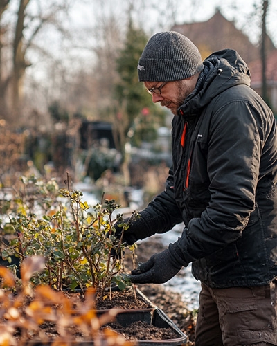 Tronc d’arbre blanchi à la chaux en janvier pour protéger l’écorce durant l’hiver.