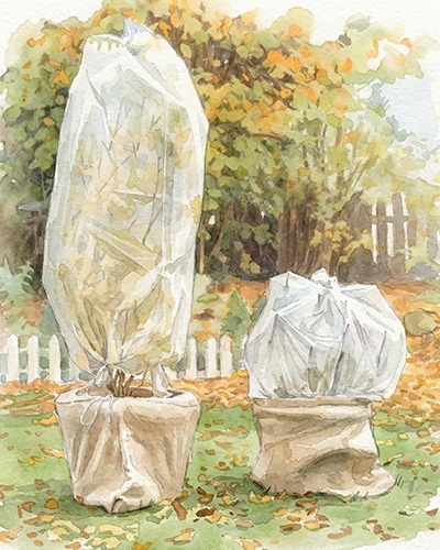 Plantes en pots protégées par des voiles et sacs pour l’hivernage du jardin en janvier.