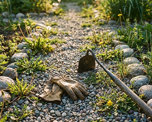 Outils de jardinage sur une allée en gravier avec mauvaises herbes à désherber