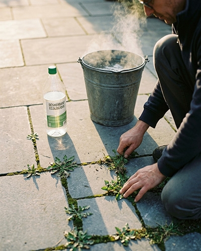Désherbage naturel entre dalles avec eau chaude et désherbant écologique