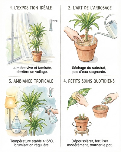 Illustration des conseils d’entretien du Dracaena : lumière tamisée, arrosage maîtrisé, humidité et soins.