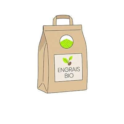 Icône d’un sac d’engrais bio avec mention ENGRAIS BIO et visuel de granulés verts