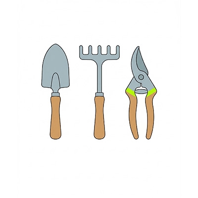 Icône d’outils de jardinage : truelle, râteau et sécateur, éligibles aux éco-chèques