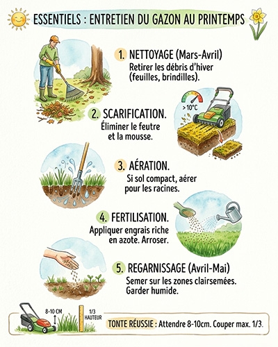 Infographie illustrant cinq étapes essentielles pour l'entretien du gazon au printemps.