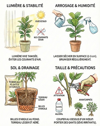 Infographie d’entretien du ficus : lumière, arrosage, humidité, drainage du sol et taille.