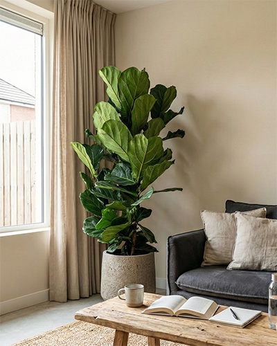 Ficus lyrata en pot, placé près d’une fenêtre, illustrant une variété d’intérieur lumineuse.