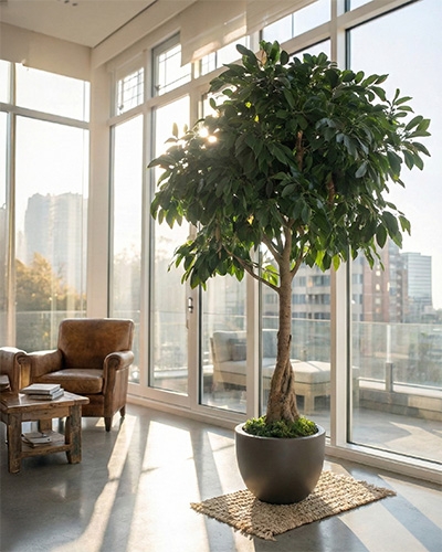 Ficus d’intérieur en pot près de grandes baies vitrées, feuillage vert lumineux dans un salon moderne