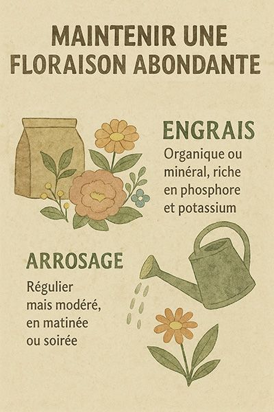 Infographie sur l'engrais et l'arrosage pour maintenir une floraison abondante.