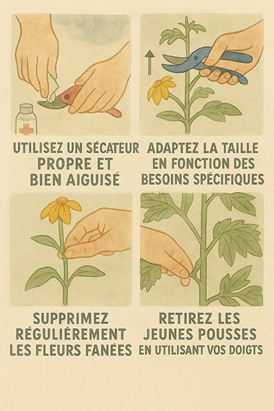 Illustrations de fleurs variées incluses : primevères, pensées, dahlias, cosmos, chrysanthèmes, asters et rudbeckias.