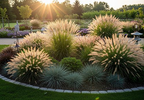 Graminées ornementales structurant un jardin sous un beau soleil de fin de journée.