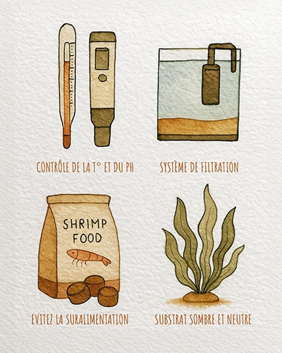 Illustration de conseils pour l'entretien d'un aquarium pour crevettes.