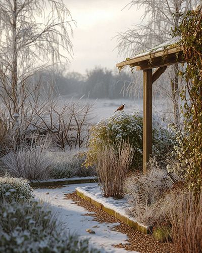 Un oiseau posé sur une haie en hiver. Ses ressources naturelles se raréfient.
