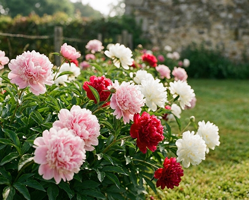 Massif de pivoines en fleurs dans un jardin, montrant des variétés aux couleurs roses, rouges et blanches.
